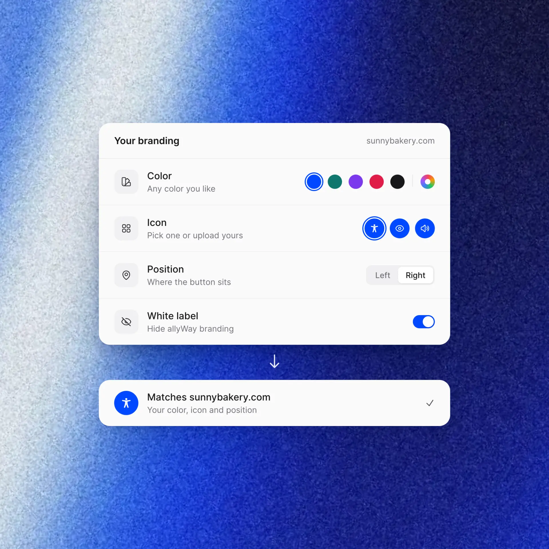 allyWay widget settings for brand color, icon, position and white label
